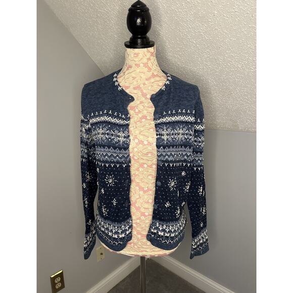 EUC Dressbarn Faire-Isle Style Winter Embellished Snowflake Cardigan Sz Med - Picture 1 of 9
